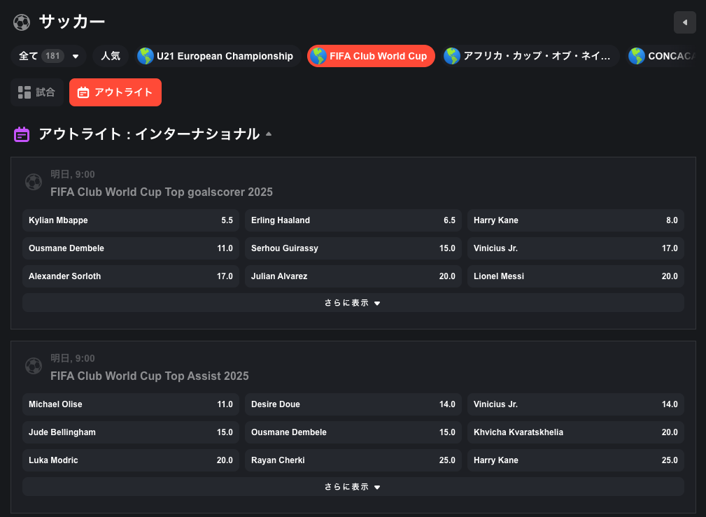 2025年クラブワールドカップの得点王・アシスト王の予想オッズ